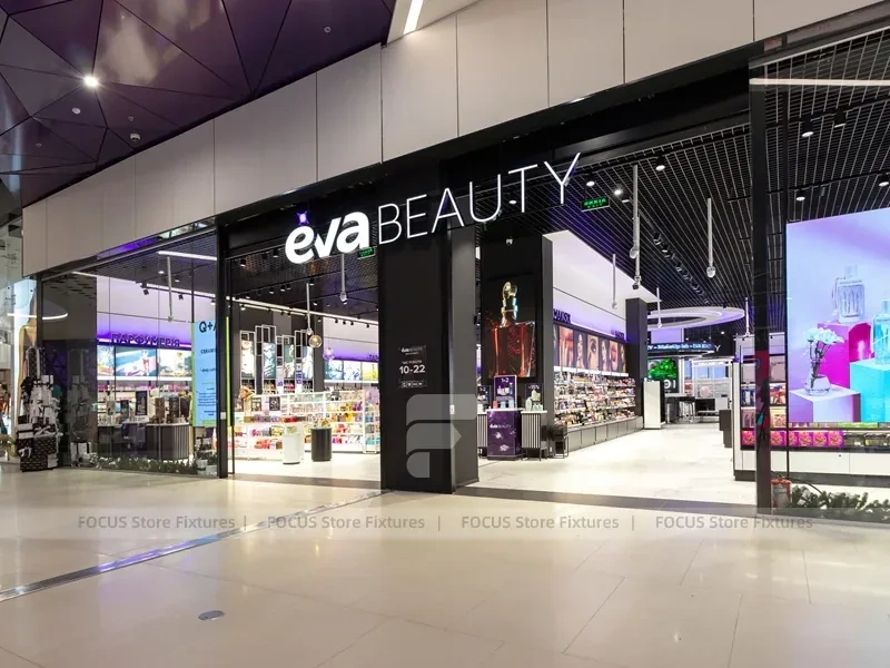 White Cosmetics Floor Gondola Layout with Low Center Shelves for Wig Shop