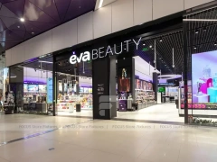 White Cosmetics Floor Gondola Layout with Low Center Shelves for Wig Shop