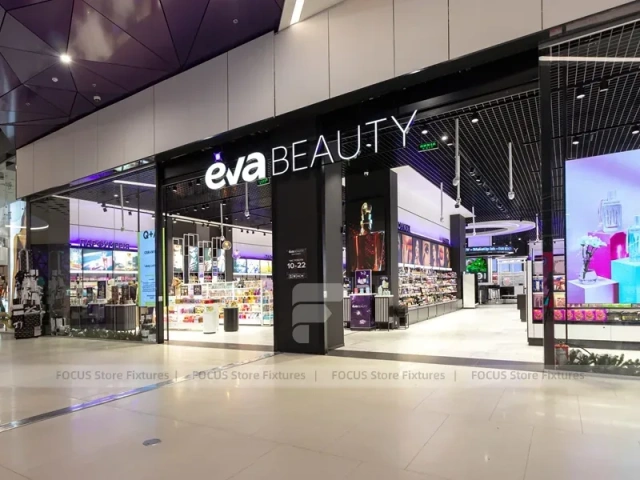 White Cosmetics Floor Gondola Layout with Low Center Shelves for Wig Shop