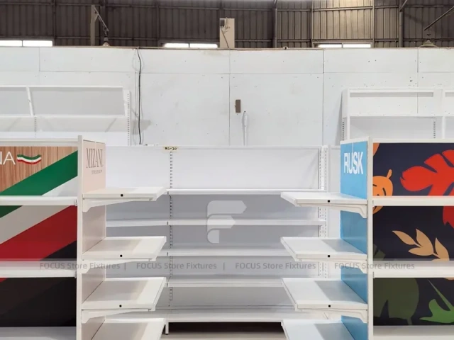 White Retail Wall Shelving with Color Graphic Side Panels for Wig Store