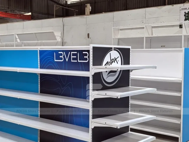 White Retail Wall Shelving with Color Graphic Side Panels for Wig Store