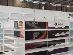 White Retail Wall Shelving with Color Graphic Side Panels for Wig Store