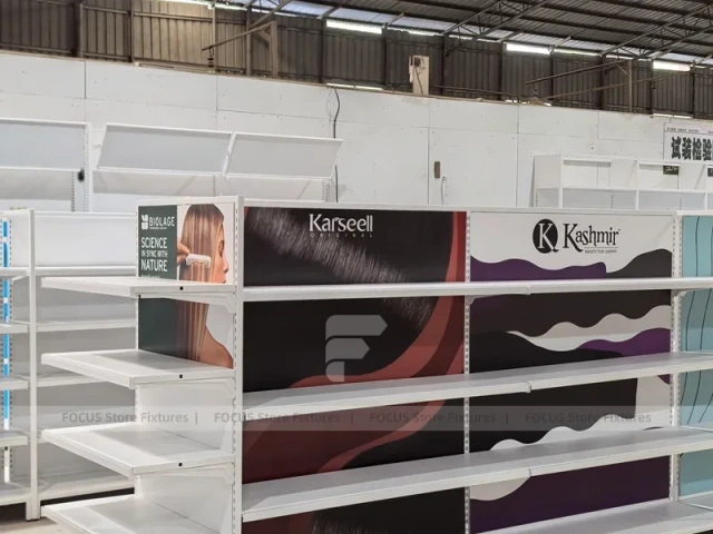 White Retail Wall Shelving with Color Graphic Side Panels for Wig Store