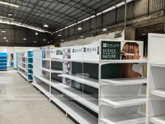 White Retail Wall Shelving with Color Graphic Side Panels for Wig Store