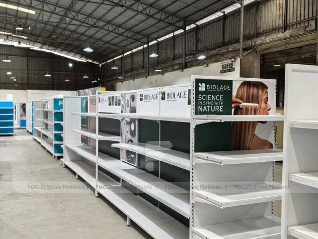 White Retail Wall Shelving with Color Graphic Side Panels for Wig Store