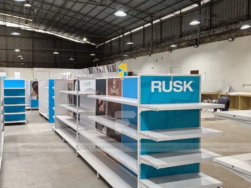 White Retail Wall Shelving with Color Graphic Side Panels for Wig Store