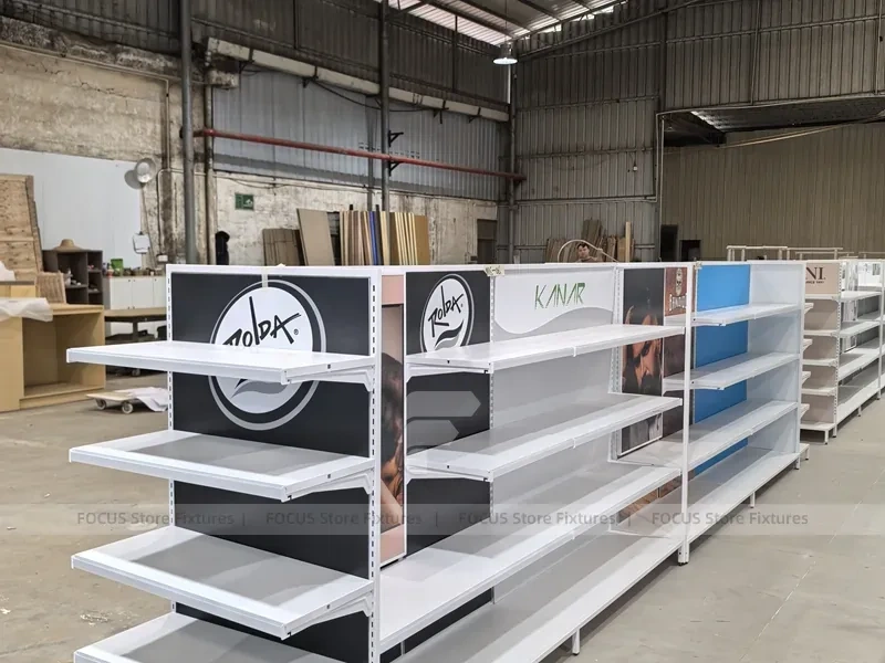 White Retail Wall Shelving with Color Graphic Side Panels for Wig Store