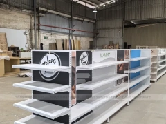 White Retail Wall Shelving with Color Graphic Side Panels for Wig Store