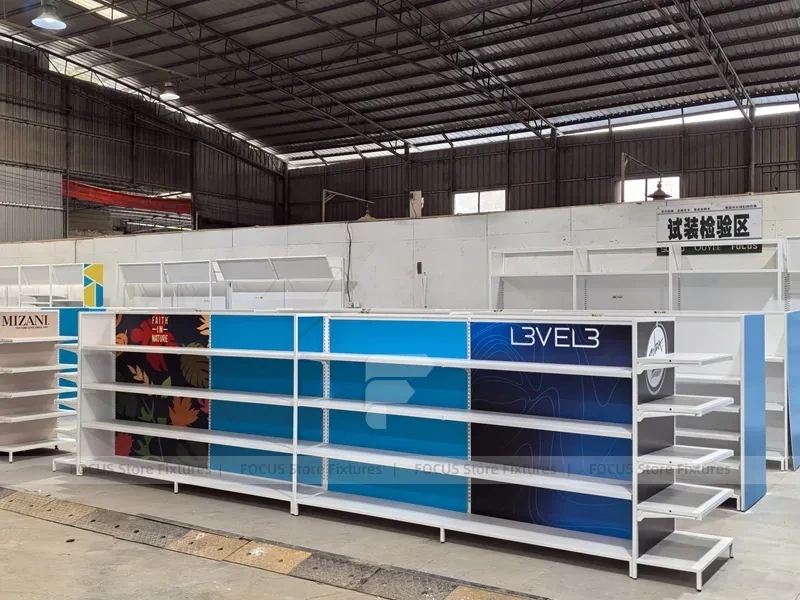 White Retail Wall Shelving with Color Graphic Side Panels for Wig Store