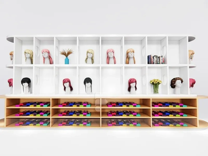 White Wig Display Wall with Cubbies and Colorful Lower Drawers for Beauty Store