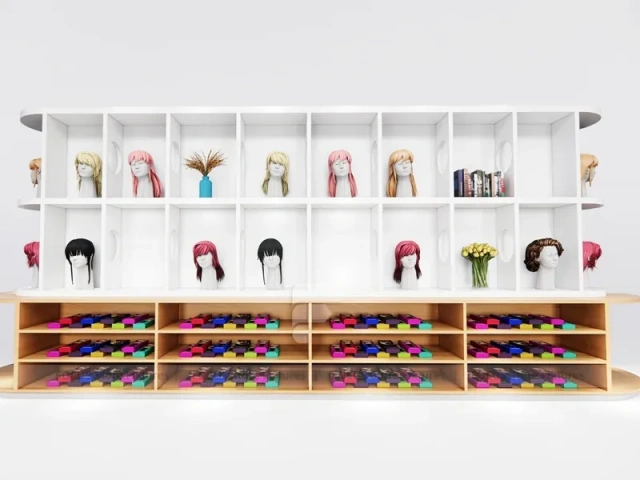 White Wig Display Wall with Cubbies and Colorful Lower Drawers for Beauty Store