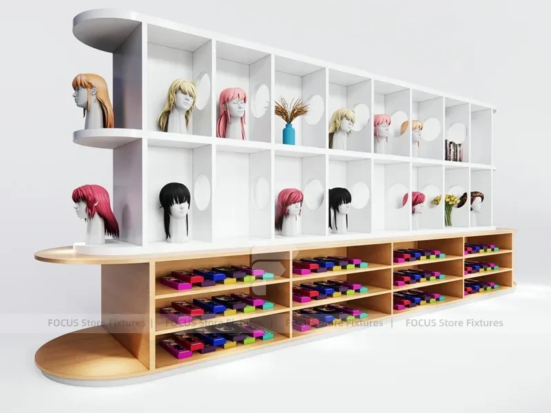 White Wig Display Wall with Cubbies and Colorful Lower Drawers for Beauty Store