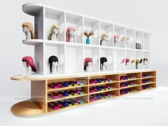 White Wig Display Wall with Cubbies and Colorful Lower Drawers for Beauty Store