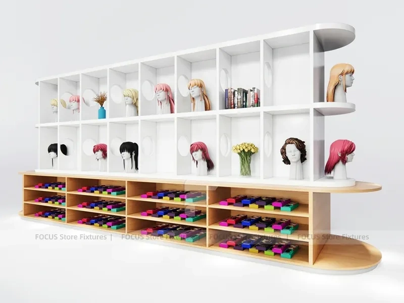 White Wig Display Wall with Cubbies and Colorful Lower Drawers for Beauty Store