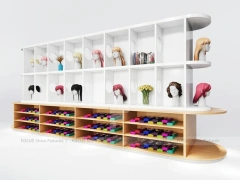White Wig Display Wall with Cubbies and Colorful Lower Drawers for Beauty Store