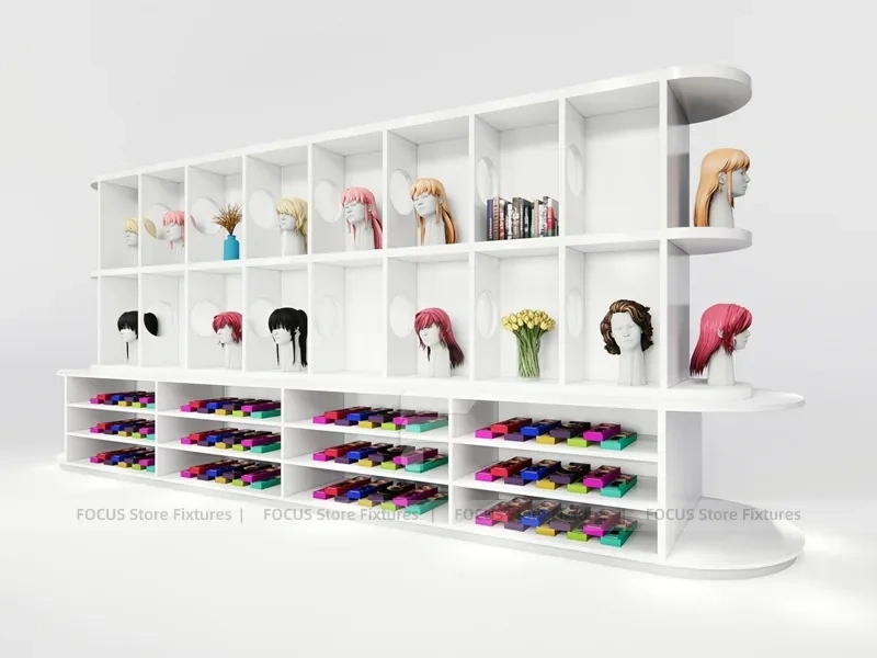 White Wig Display Wall with Cubbies and Colorful Lower Drawers for Beauty Store