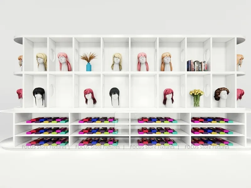 White Wig Display Wall with Cubbies and Colorful Lower Drawers for Beauty Store