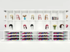 White Wig Display Wall with Cubbies and Colorful Lower Drawers for Beauty Store