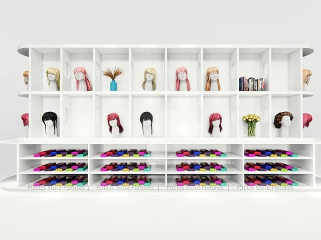 White Wig Display Wall with Cubbies and Colorful Lower Drawers for Beauty Store