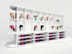 White Wig Display Wall with Cubbies and Colorful Lower Drawers for Beauty Store