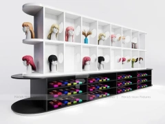 White Wig Display Wall with Cubbies and Colorful Lower Drawers for Beauty Store