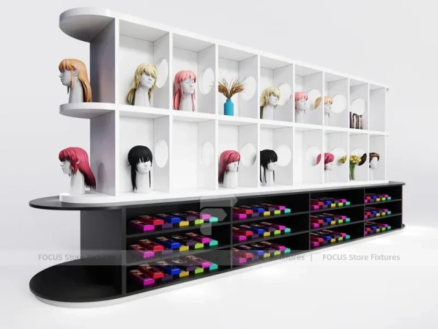 White Wig Display Wall with Cubbies and Colorful Lower Drawers for Beauty Store