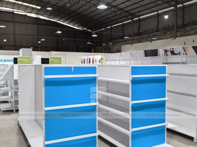 White and Blue Endcap Shelving with Back Run for Beauty Store and Wig Shop