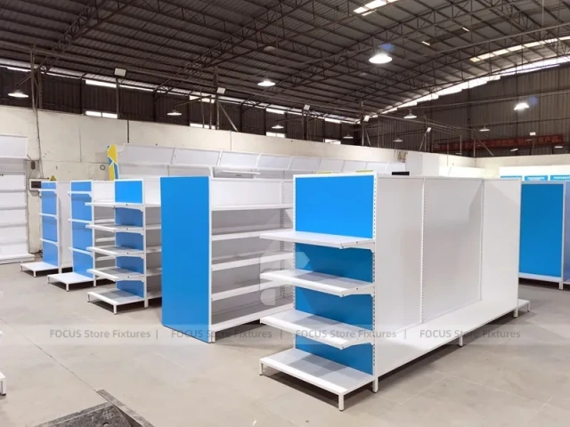 White and Blue Endcap Shelving with Back Run for Beauty Store and Wig Shop