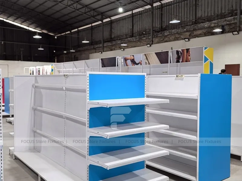 White and Blue Endcap Shelving with Back Run for Beauty Store and Wig Shop