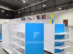 White and Blue Endcap Shelving with Back Run for Beauty Store and Wig Shop