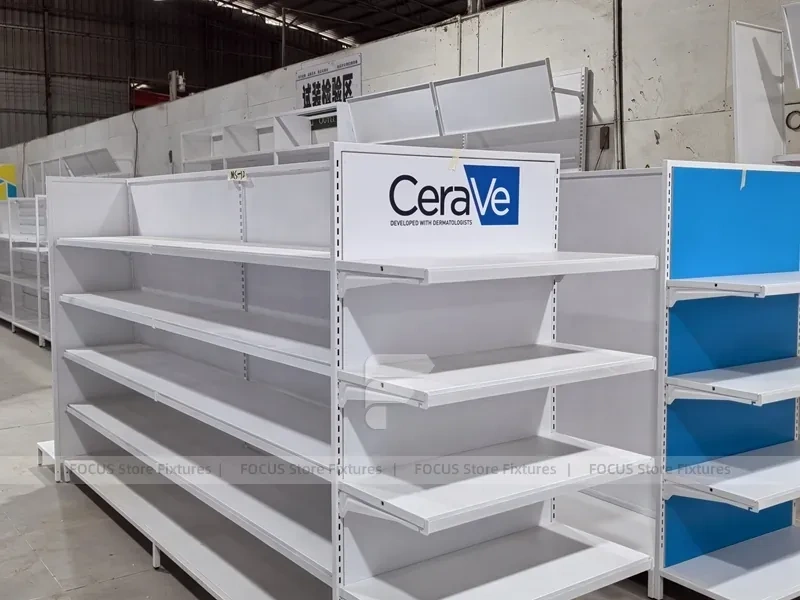 White and Blue Endcap Shelving with Back Run for Beauty Store and Wig Shop