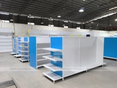 White and Blue Endcap Shelving with Back Run for Beauty Store and Wig Shop