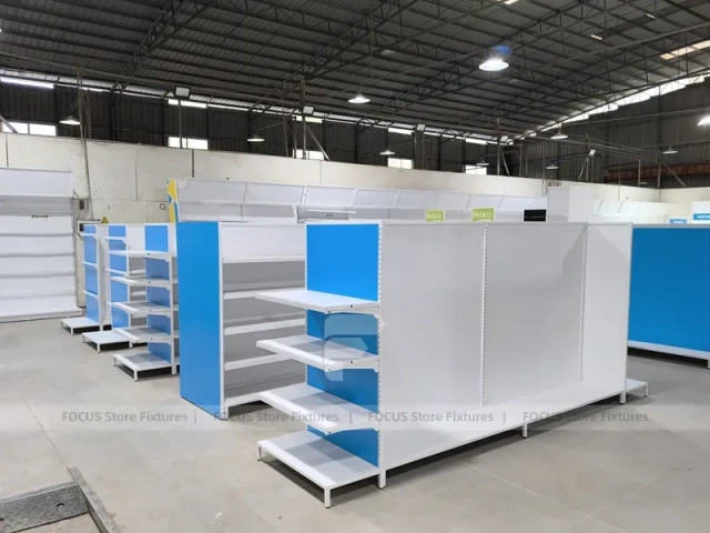 White and Blue Endcap Shelving with Back Run for Beauty Store and Wig Shop