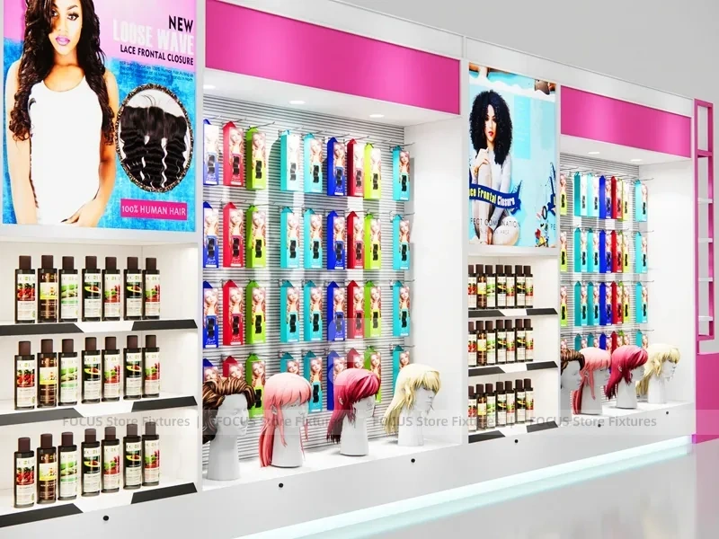 White and Pink Wig Display Wall with Central Poster Panel for Beauty Store