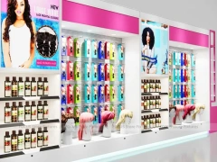 White and Pink Wig Display Wall with Central Poster Panel for Beauty Store