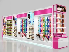 White and Pink Wig Display Wall with Central Poster Panel for Beauty Store