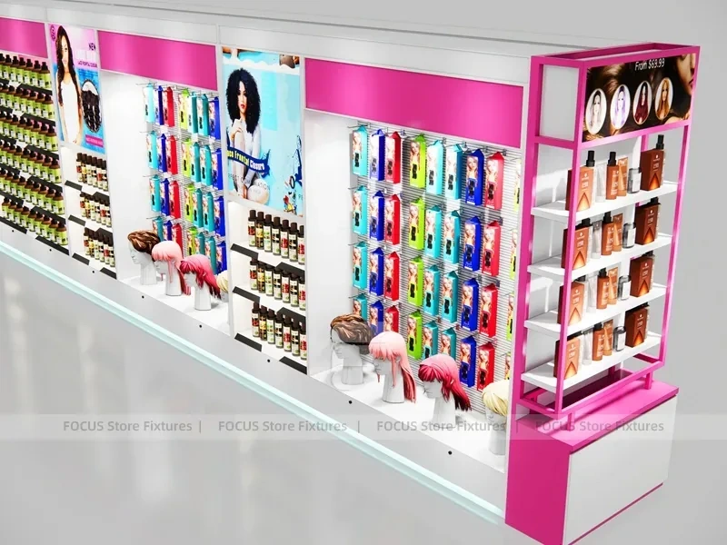 White and Pink Wig Display Wall with Central Poster Panel for Beauty Store