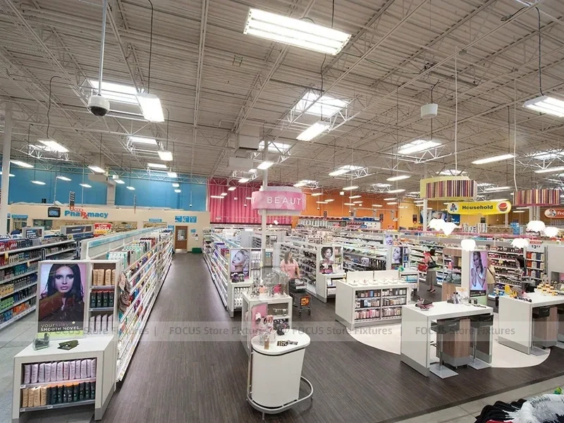 Wide Beauty Supply Retail Floor with White Shelving Rows for Wig Shop
