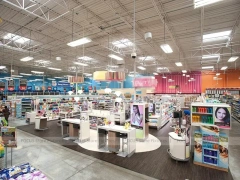 Wide Beauty Supply Retail Floor with White Shelving Rows for Wig Shop