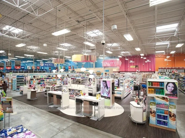 Wide Beauty Supply Retail Floor with White Shelving Rows for Wig Shop