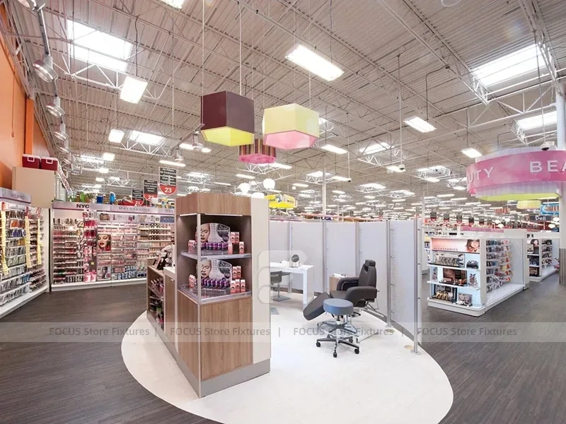 Wide Beauty Supply Retail Floor with White Shelving Rows for Wig Shop