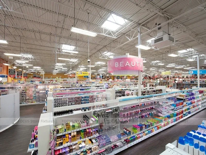 Wide Beauty Supply Retail Floor with White Shelving Rows for Wig Shop