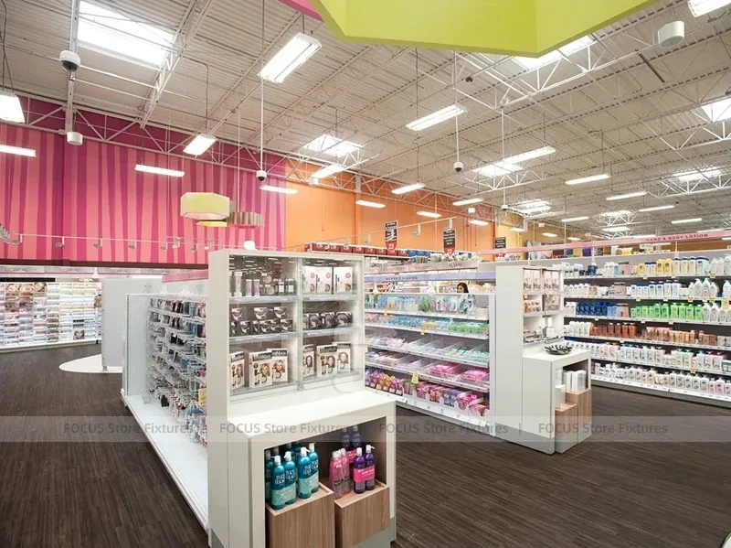 Wide Beauty Supply Retail Floor with White Shelving Rows for Wig Shop