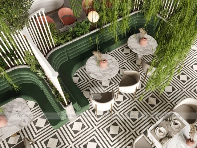 Black White Marble Beverage Cafe Seating Detail