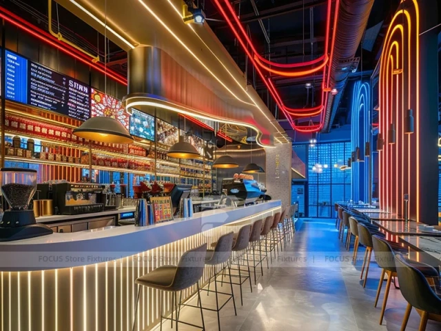 Blue Red Neon Beverage Bar Layout