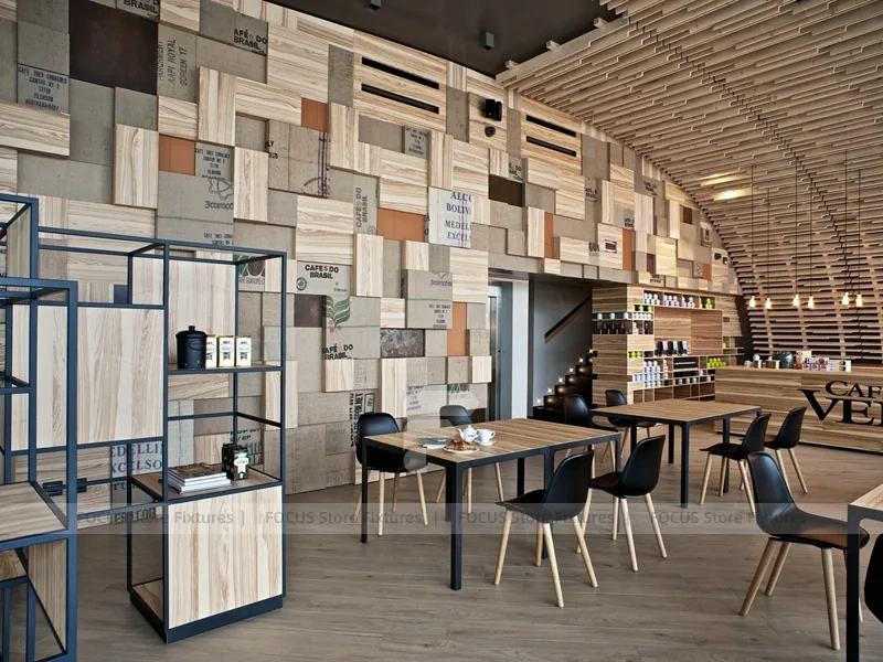 Curved Wood Coffee Shop Seating Wall