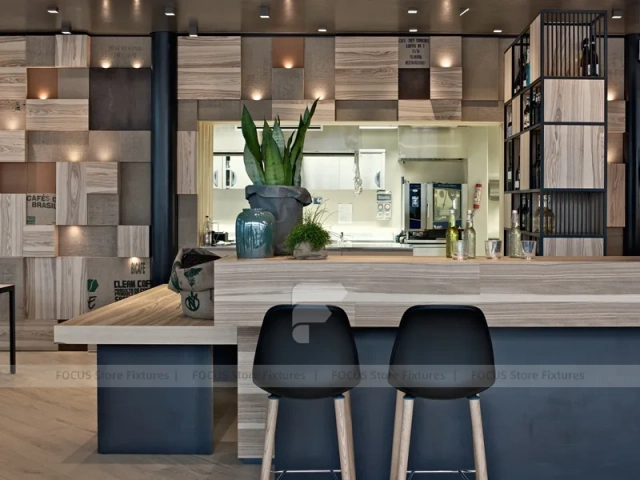 Curved Wood Coffee Shop Seating Wall