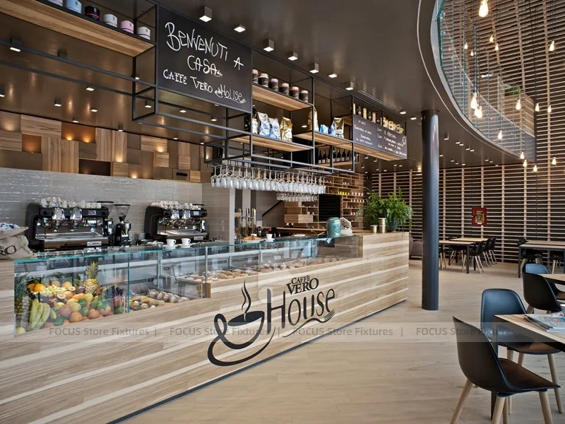 Curved Wood Coffee Shop Seating Wall