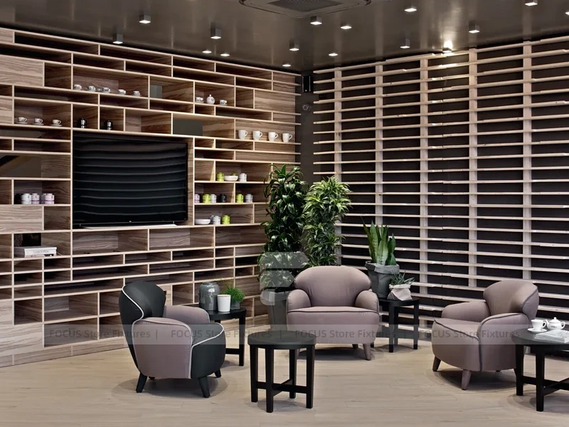 Curved Wood Coffee Shop Seating Wall