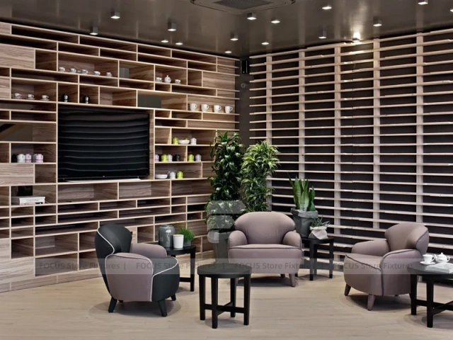Curved Wood Coffee Shop Seating Wall